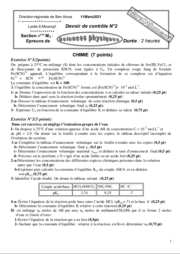 Bac math Physique devoir de contrôle N2 corrigé Bac Math