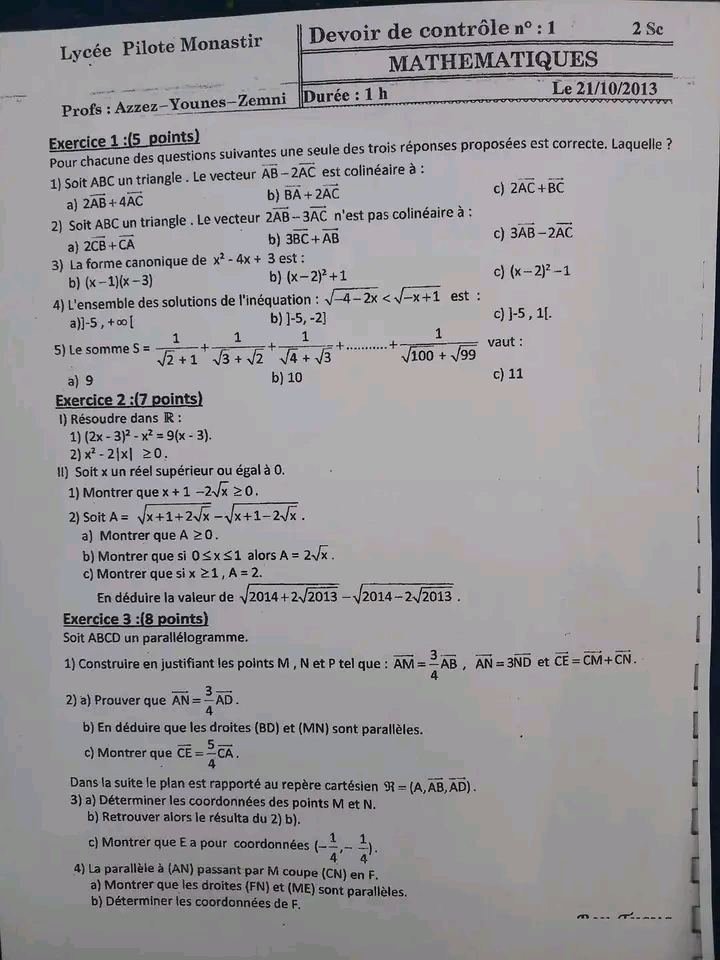 Me Sciences Math Devoir De Controle Math Correction Pilote