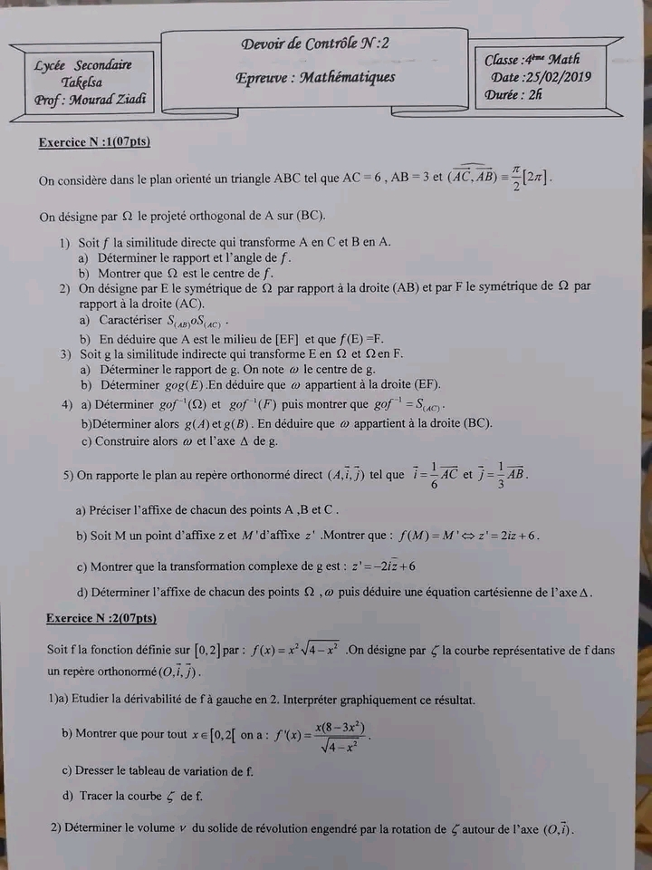 Bac math Math Devoir de Contrôle N 2 4Maths Similitudes Intégrales