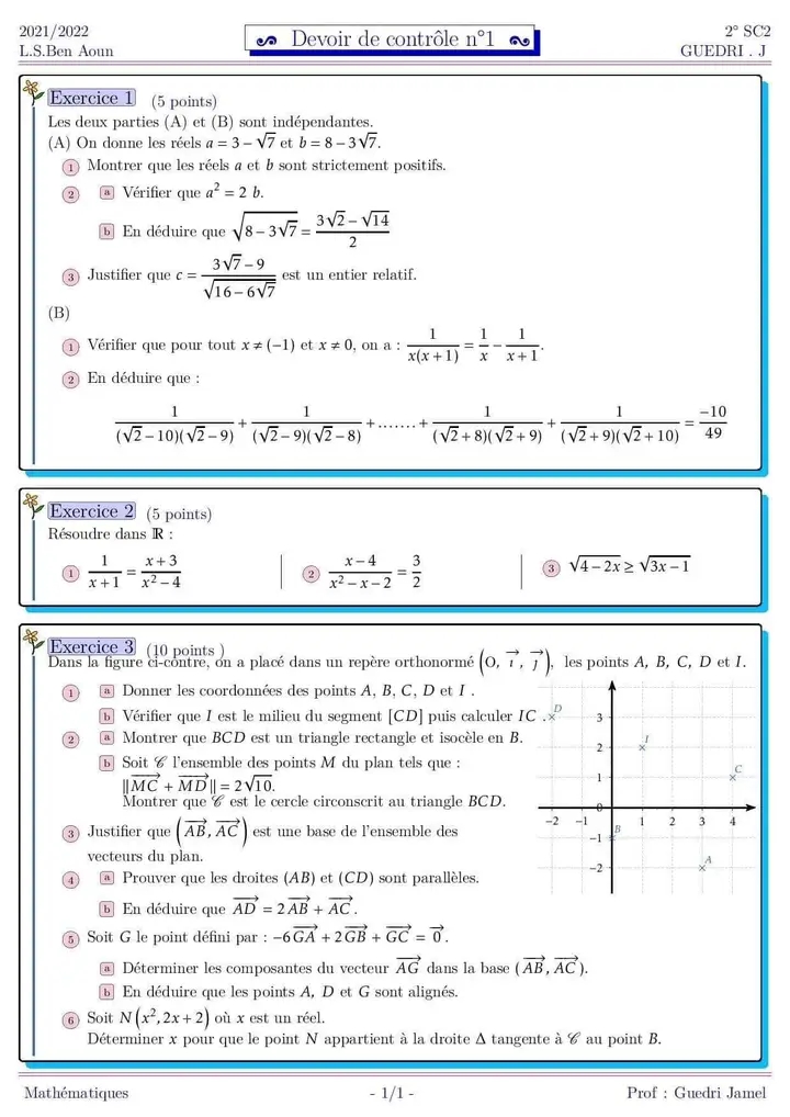 2 ème Sciences Math Exemple de devoir de contrôle 1 pour les élèves de