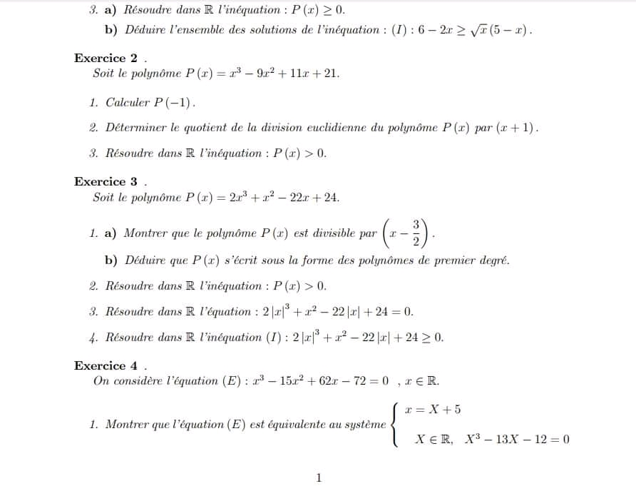 1ère année secondaire Math Equations et inéquations