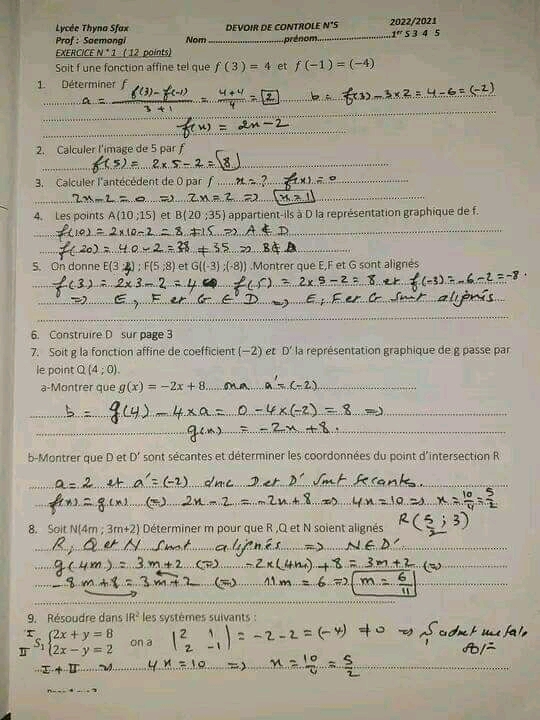 1ère année secondaire Math devoir de controle n5 math correction