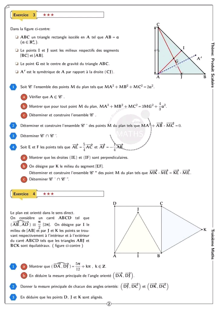 3 ème Mathématiques Math PRODUIT SCALAIRE DANS LE PLAN