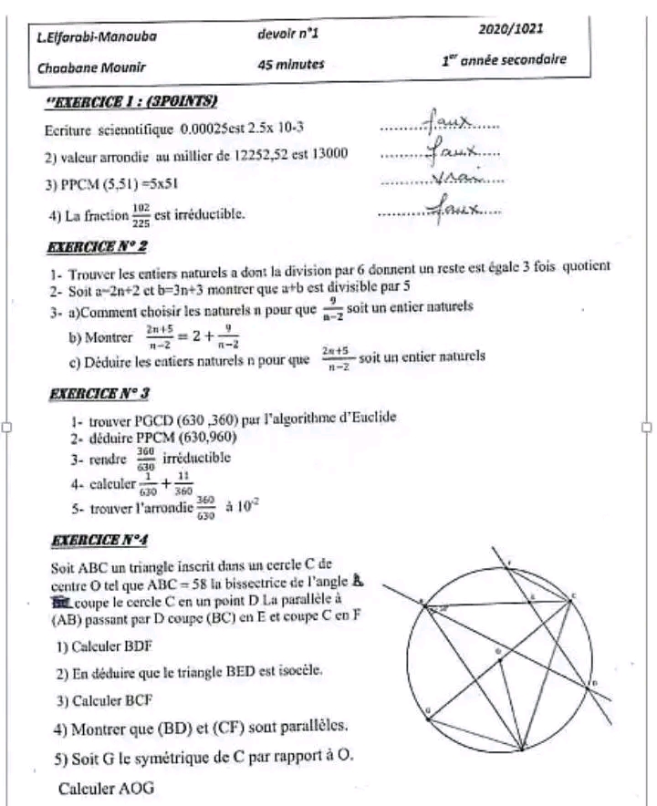 1ère Année Secondaire Math Correction Devoir De Contrôle N°1math