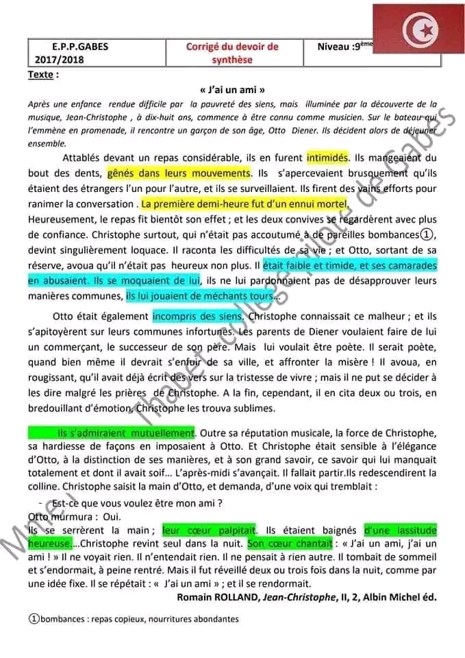 9 ème التاسعة أساسي Français Devoir De Synthese N1 Français Avec Corrige