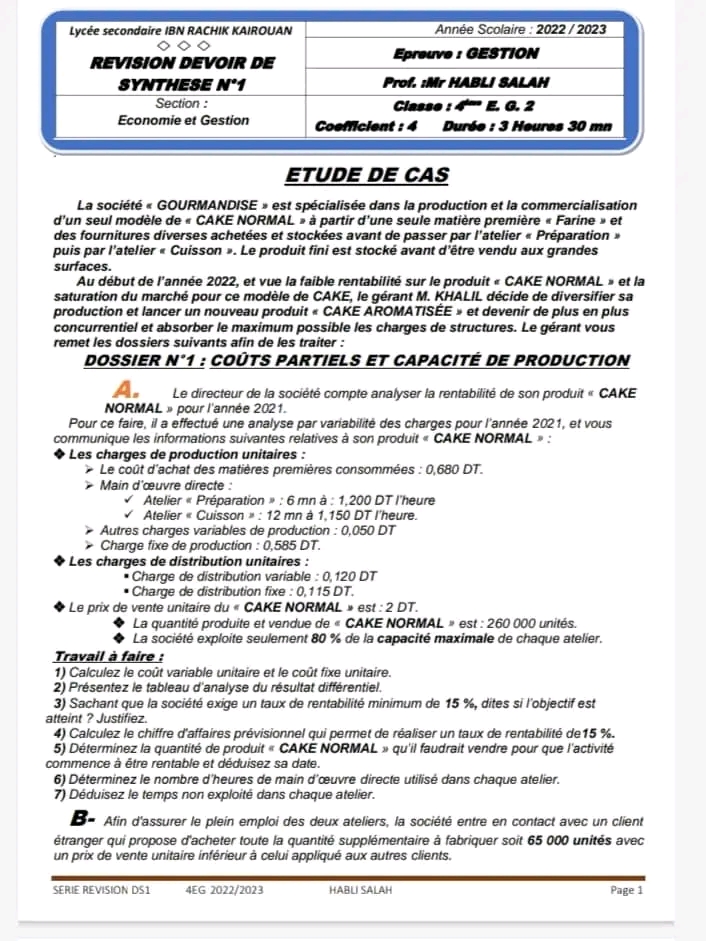 Bac Econmie Et Gestion Gestion Révision Devoir De Synthèse N°1...4EG