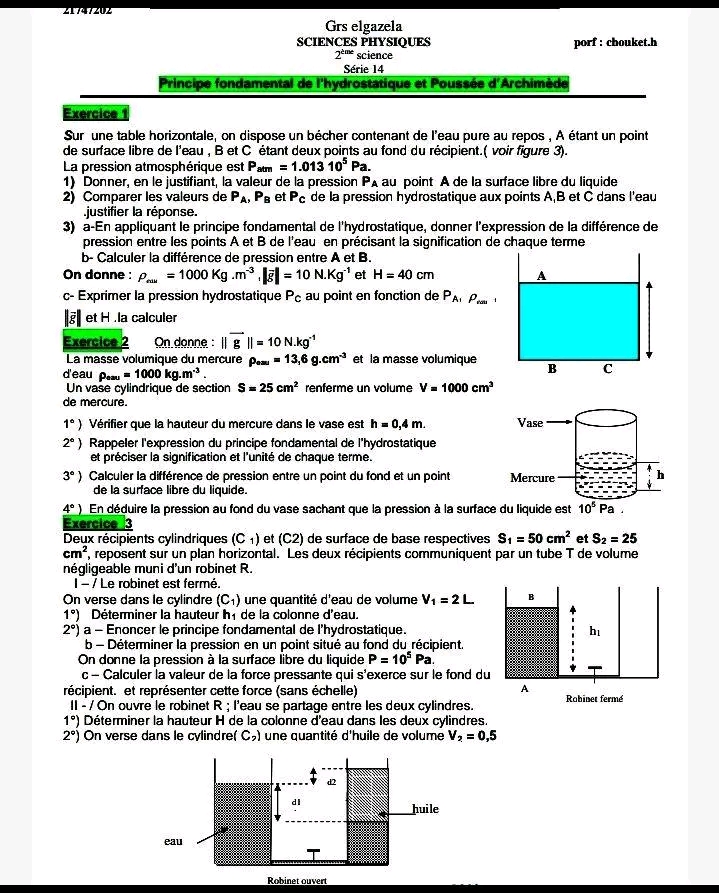 2 ème Sciences Physique Principe Fondamental De L Hydrostatique Pour 2 ...