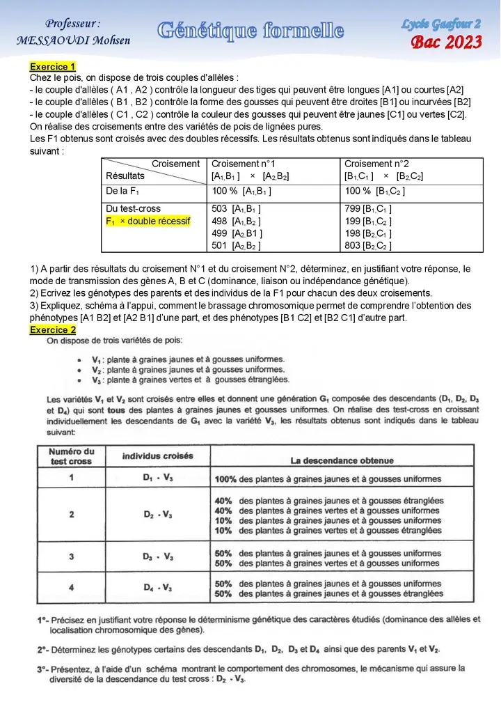 Bac Sc Expérimentales Sciences Svt Série Génétique Formelle 2023