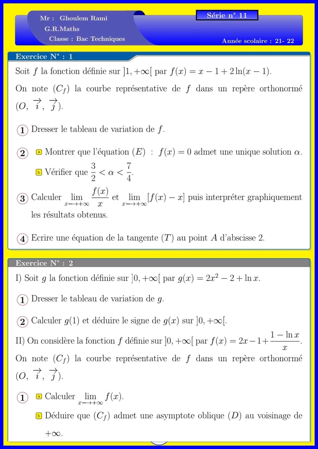 Bac Technique Math S Rie N Fonction Ln