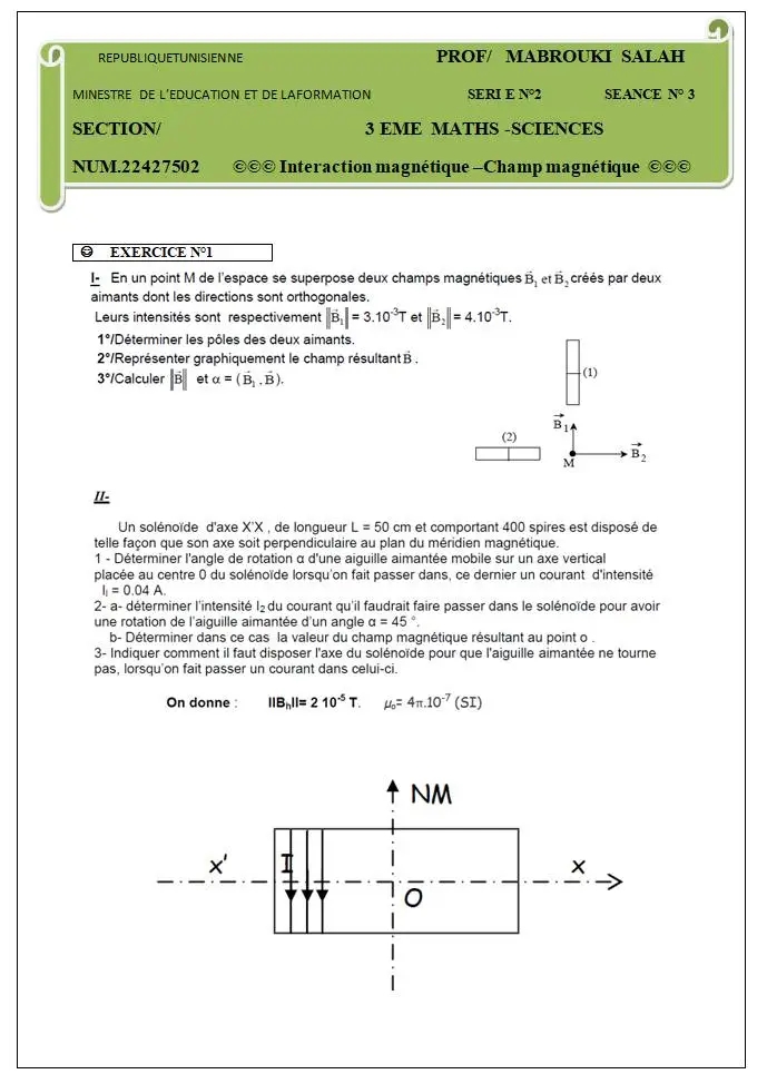 Exercice champ magnétique : exercice de sciences physiques de autre - 292513