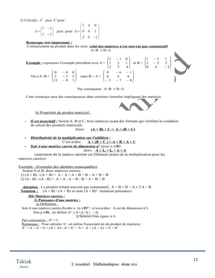 Bac Econmie Et Gestion Math 4ème éco Mathématiques : Cours+exercices