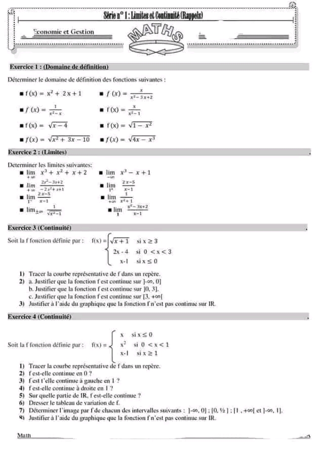 Bac Econmie Et Gestion Math Serie De Revision Limites Et Continuit S