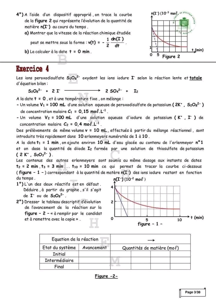 Bac Math Physique 🔥Exercices 🔥chimie 🔺️corrigés🔺️ Cinétique Chimique ...