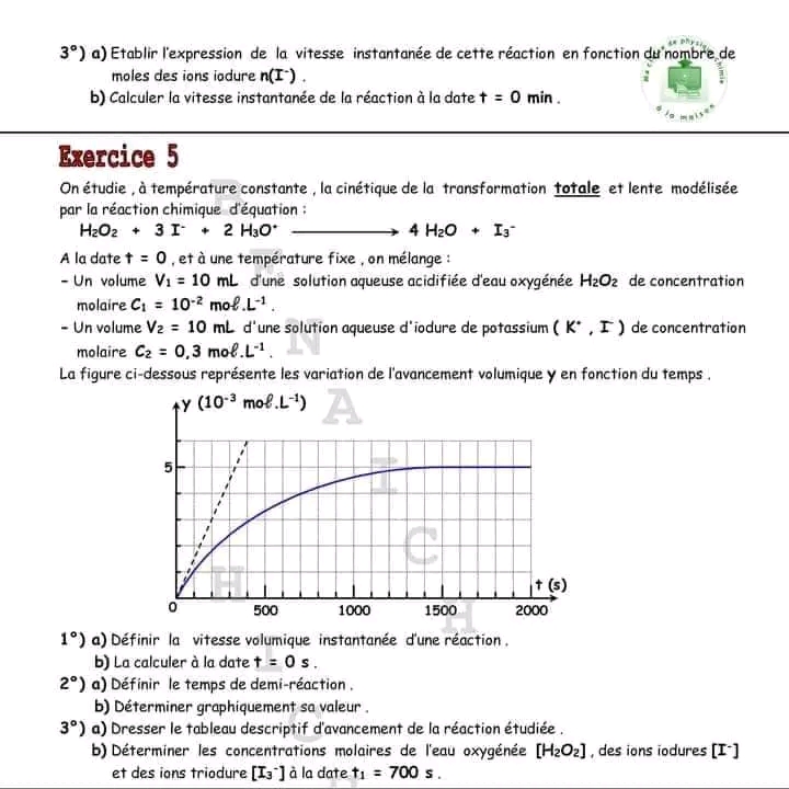 Bac Math Physique 🔥Exercices 🔥chimie 🔺️corrigés🔺️ Cinétique Chimique ...