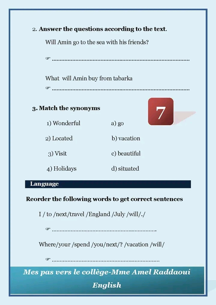 7 ème-السابعة أساسي English Exercices Anglais Avec Corrige Pour Les ...