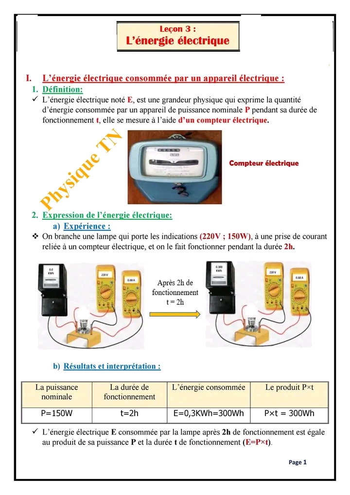 2 ème Sciences Physique Énergie Et Puissance électrique - Cours